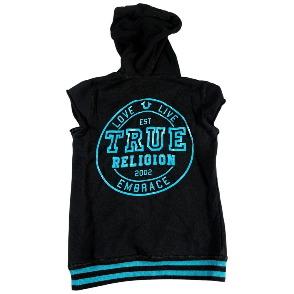 True Religion Hoodie Mens Small Black Turquoise Graphic‎ Y2K Rugged Sleeveless